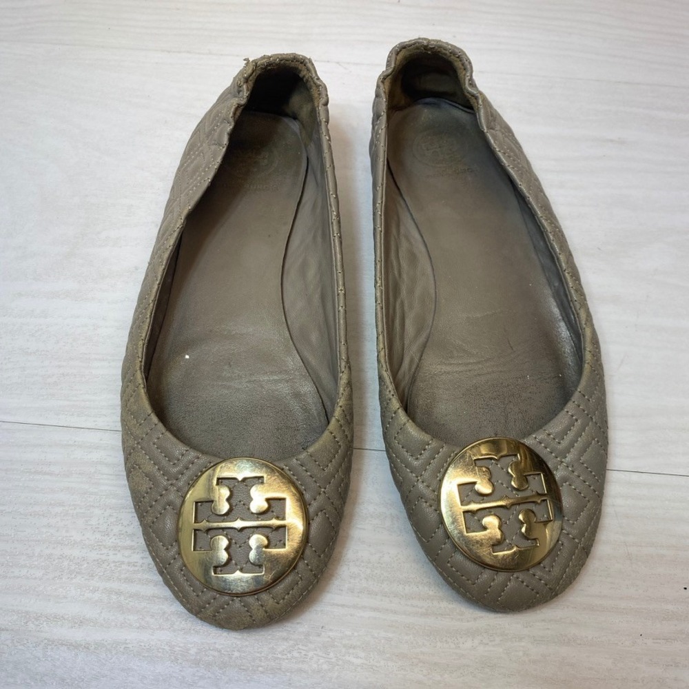 Tory Burch Womens 7.5M Reva Ballet Flats Quilted Taupe Leather Logo Medallion